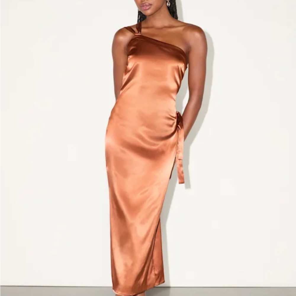 Lulu's Copper One-Shoulder Satin Midi Dress